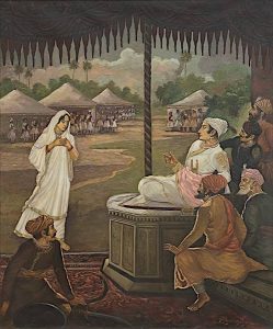 छत्रपती संभाजी महाराज, चित्रकार राव बहादूर एम. व्ही. धुरंदर. राजपीपाला येथील मानवेंद्रसिंग गोहील यांच्या संग्रहातून.