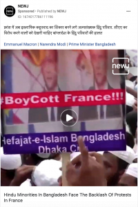 “फ्रान्समधील निदर्शनांचे चटके सहन करत आहेत बांगलादेशातील हिंदू अल्पसंख्याक”असा आरोप करणारी जाहिरात एनईडब्ल्यूजेने सीएएविरोधी आंदोलनादरम्यान चालवली होती. स्रोत: फेसबुक अॅड लायब्ररी