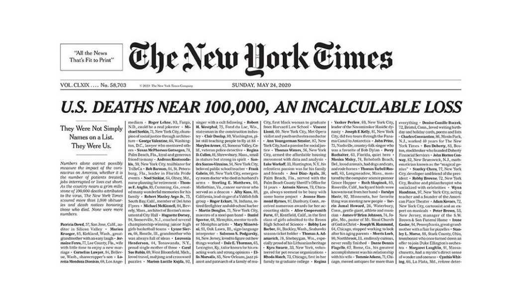न्यू यॉर्क टाइम्समध्ये सुमारे लाख कोरोना मृतांची यादी